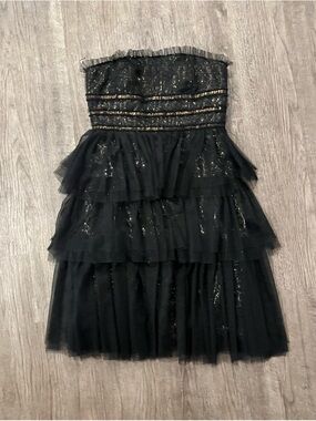 Monique Lhuillier Black and Gold Strapless Tulle Dress